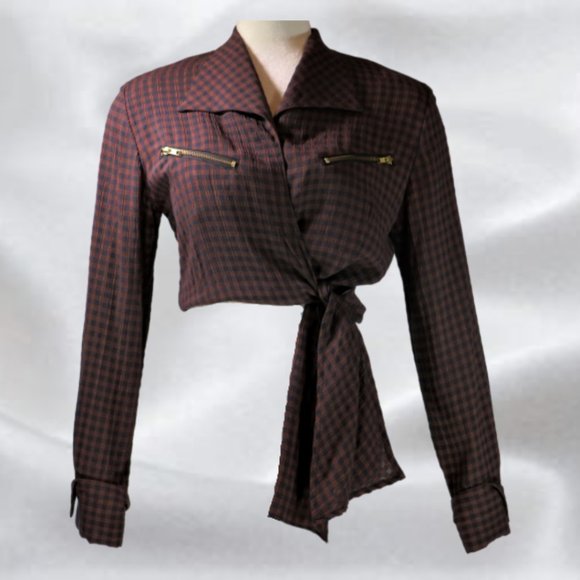 RENAISSANCE Sportswear Brown Checkered Wrap Crop Top in Size Medium - Picture 1 of 6